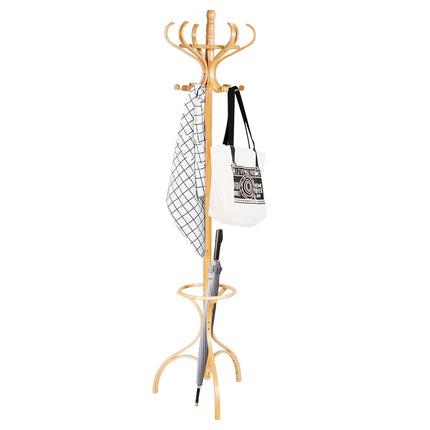 Coat Rack with 12 Hooks and Umbrella Stand, Birch Wood