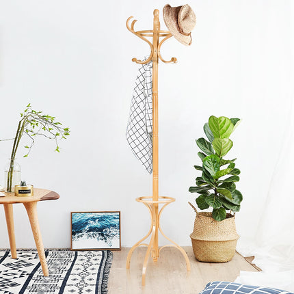 Coat Rack with 12 Hooks and Umbrella Stand, Birch Wood