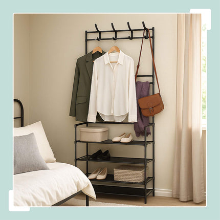 Coat Rack with 4 Shoe Shelves, Metal Freestanding