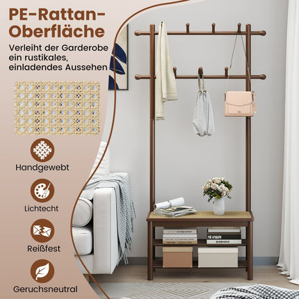 Coat Rack with Shoe Bench, Bamboo, 2 Rods, 13 Hooks