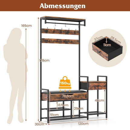 Coat Rack with Shoe Bench, Hooks, Drawer, and Shelf