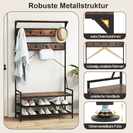 Coat Rack with Shoe Bench and Shelf – Brown, Metal Frame