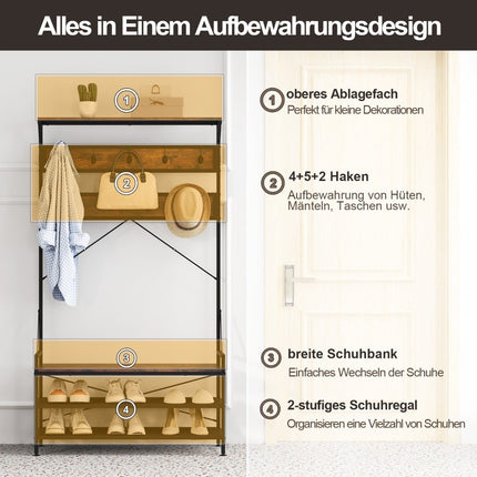 Coat Rack with Shoe Bench and Shelf – Brown, Metal Frame