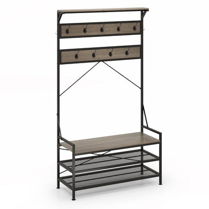 Coat Rack with Shoe Bench and Storage Shelves, Grey