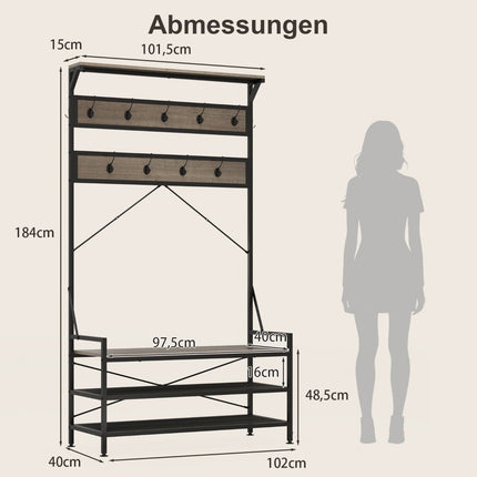 Coat Rack with Shoe Bench and Storage Shelves, Grey