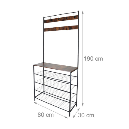 Coat Rack with Shoe Storage – Iron, 2 Hook Rails, 4 Shelves