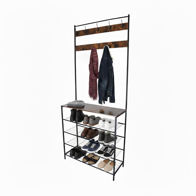 Wieszak na ubrania z miejscem na buty - żelazo, 2 wieszaki, 4 półki