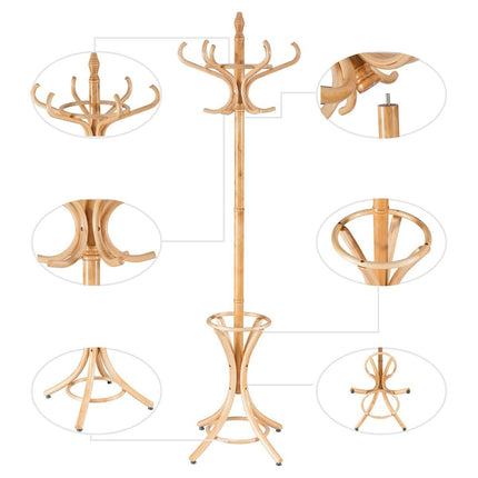 Coat Rack with Umbrella Stand, 12 Hooks, Natural Wood