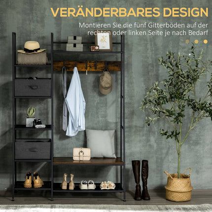 Rustic brown coat hanger with bench & fabric drawers, 185cm