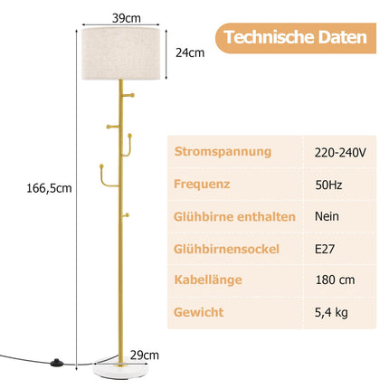 Coat Stand Floor Lamp, 5 Hooks, E27 Base, Foot Switch