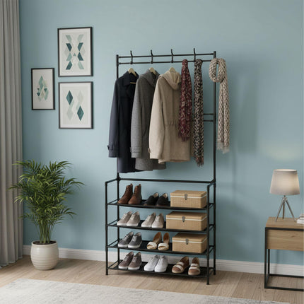 Coat Stand & Shoe Rack with 4 Tiers and 8 Hooks