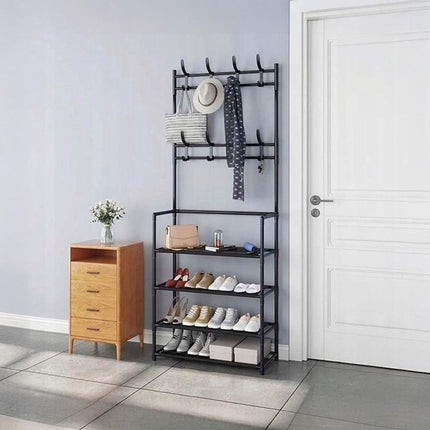 Coat Stand & Shoe Rack with 4 Tiers and 8 Hooks
