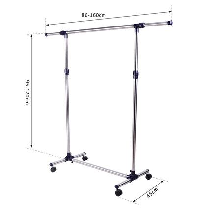Adjustable clothes rack with wheels - stainless steel rail
