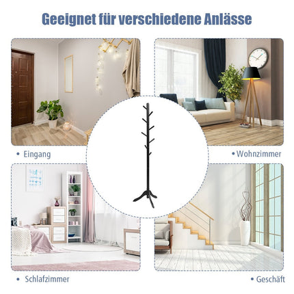 Coat rack with 8 hooks, wooden clothes rack, height adjustable, 175 cm, black