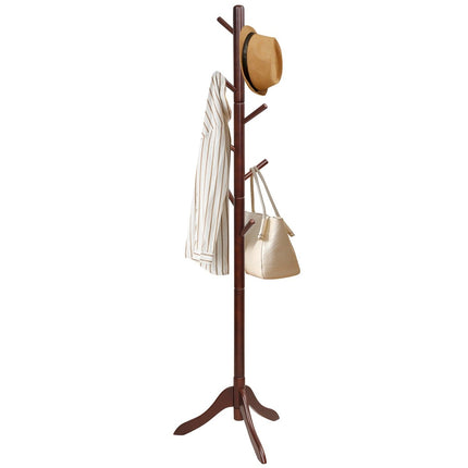 Coat rack with 8 hooks, wooden clothes rack, height adjustable, 175 cm, brown