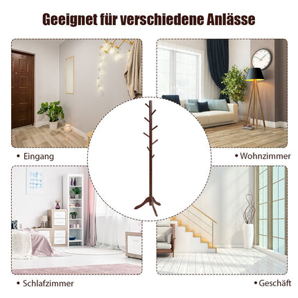 Coat rack with 8 hooks, wooden clothes rack, height adjustable, 175 cm, brown
