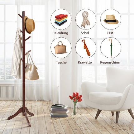 Coat rack with 8 hooks, wooden clothes rack, height adjustable, 175 cm, brown