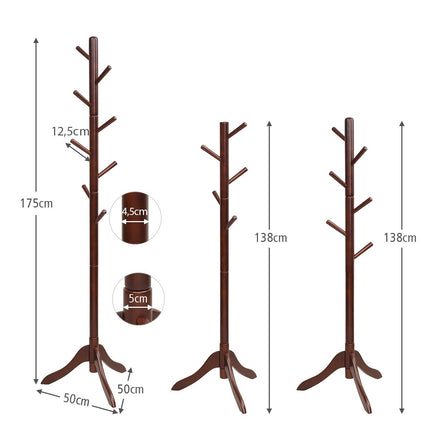 Coat rack with 8 hooks, wooden clothes rack, height adjustable, 175 cm, brown