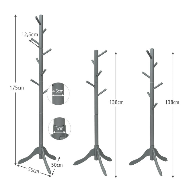 Wieszak na ubrania z 8 haczykami, drewniany wieszak na ubrania, z regulacją wysokości, 175 cm, szary