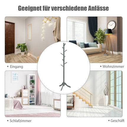 Coat rack with 8 hooks, wooden clothes rack, height adjustable, 175 cm, grey