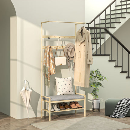 Bamboo coat and shoe rack with bench and hooks
