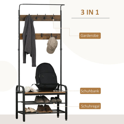 Black MDF coat and shoe rack - 8 hooks, 2 shelves