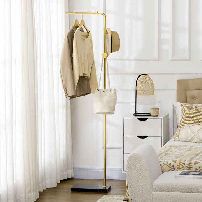 Clothes hanger with hooks, marble base - gold & black, 35x25x170 cm