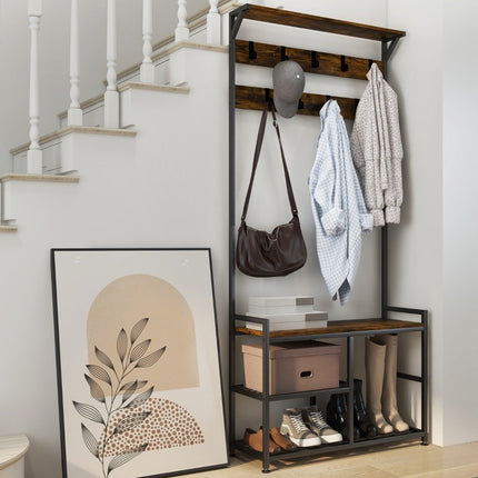 Coat stand with 9 hooks & shoe rack 3 levels coat rack industrial design brown