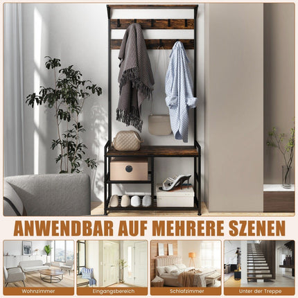 Coat stand with 9 hooks & shoe rack 3 levels coat rack industrial design brown