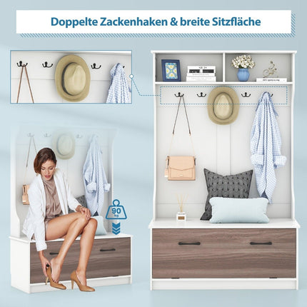Coat stand with bench & 5 double hooks coat rack hallway coat rack 100 x 40 x 160 cm white
