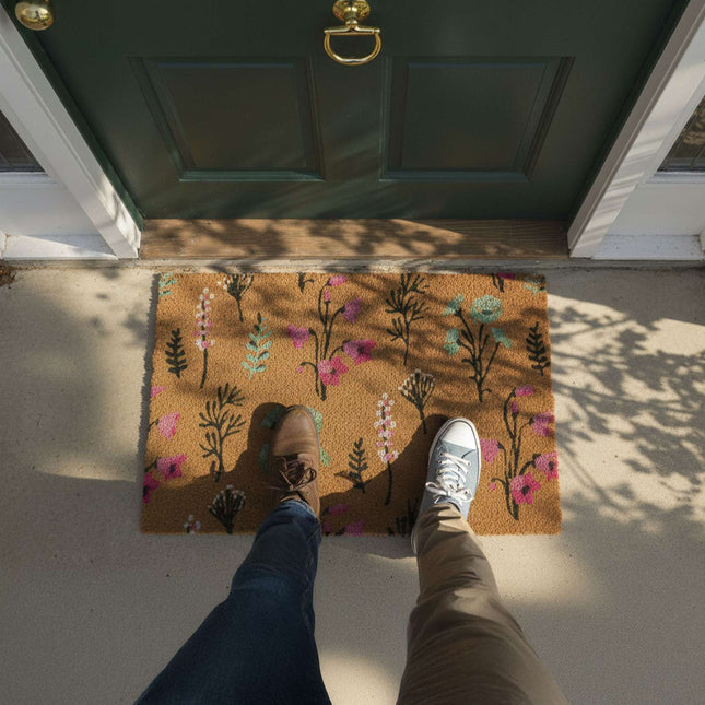 Kokosnoot deurmat, botanisch design, 60 x 40 cm