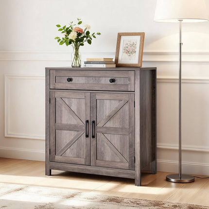 Coffee Bar Cabinet With Drawer and Barn Doors, Gray