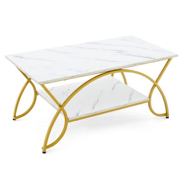 Coffee Table, 2-Tier Faux Marble Top, Gold Metal Frame