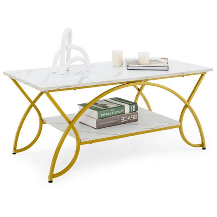 Coffee Table, 2-Tier Faux Marble Top, Gold Metal Frame