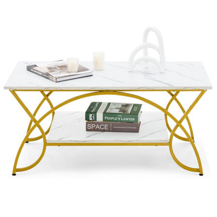 Coffee Table, 2-Tier Faux Marble Top, Gold Metal Frame