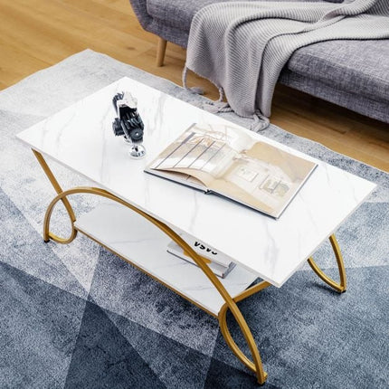 Coffee Table, 2-Tier Faux Marble Top, Gold Metal Frame