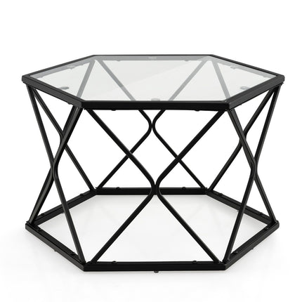 Coffee Table, Hexagon Tempered Glass Top, Metal Legs