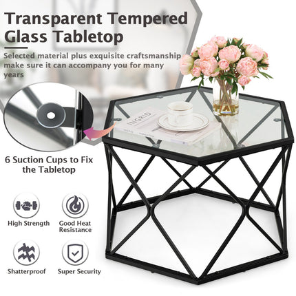 Coffee Table, Hexagon Tempered Glass Top, Metal Legs