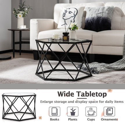 Coffee Table, Hexagon Tempered Glass Top, Metal Legs