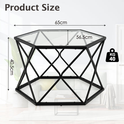 Coffee Table, Hexagon Tempered Glass Top, Metal Legs
