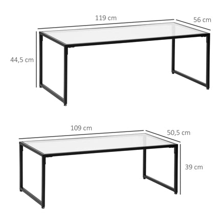 Nesting coffee table set of 2 with glass top - black steel