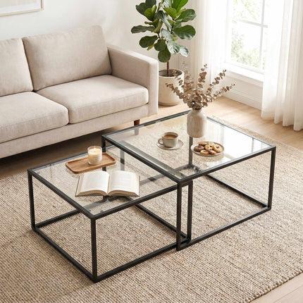 Coffee Table Set of 2, Nesting, Tempered Glass, Black