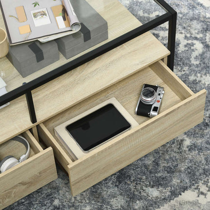 Coffee table with drawer & glass top – Oak & Steel