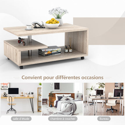 Coffee Table With 2 Shelves, Locking Casters, 105x60cm