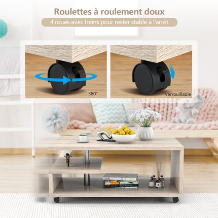Coffee Table With 2 Shelves, Locking Casters, 105x60cm