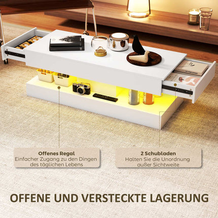 Coffee Table with Drawers and LED Lights, White MDF