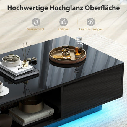 Coffee Table with LED Lights, Remote, Storage, Black, 95x55x31 cm