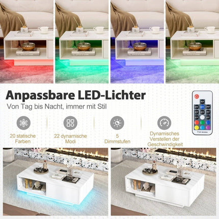 Coffee Table with LED Lights and Remote, 95 x 55 x 31 cm, White