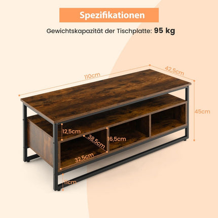 Coffee Table with Storage Industrial Table with Open Shelves 110 x 42.5 x 45 cm Rustic Brown