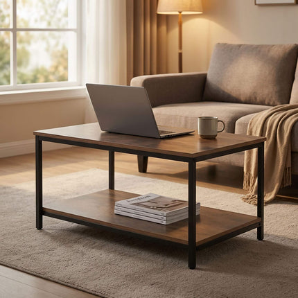 Coffee Table with Storage, Wood & Metal – Dark Brown